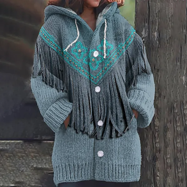 Western Tassel Flower Art Cozy Hooded Cardigan