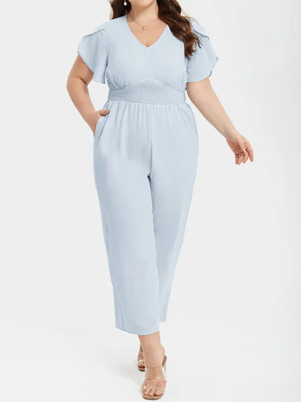 Plus Patchwork V-Neck Tulip Sleeve Pocket Jumpsuits