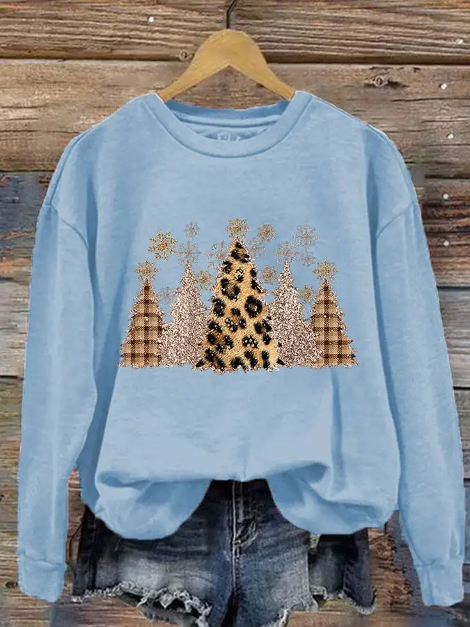 Women's Leopard Check Christmas Tree Print Crew Neck Sweatshirt