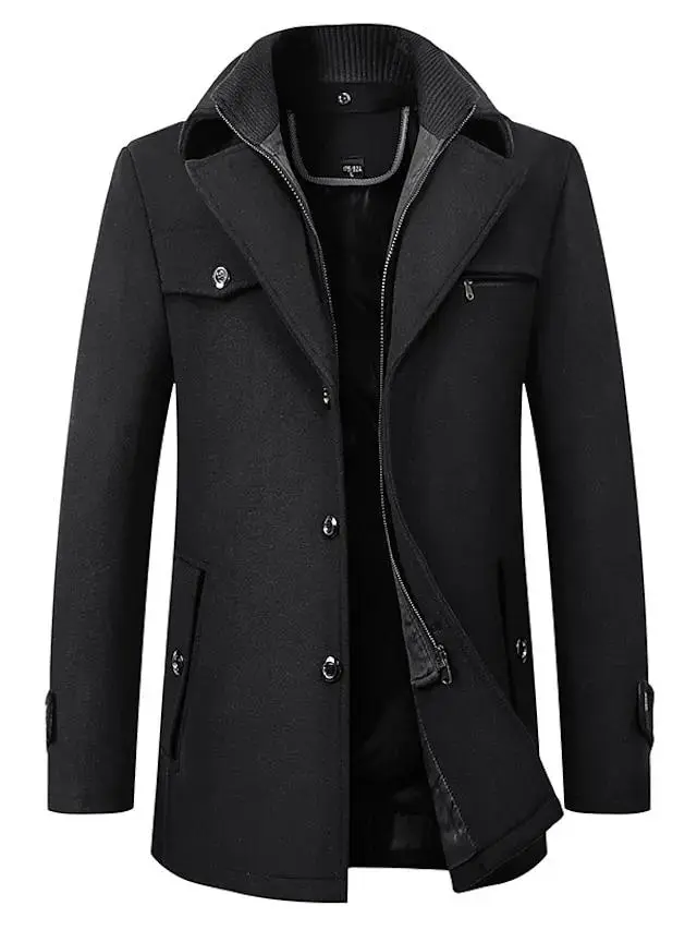 Men's Winter Coat Wool Coat Overcoat Business WorkWear Winter Wool Windproof Warm Outerwear Clothing Apparel Basic Essential Solid Colored Turndown