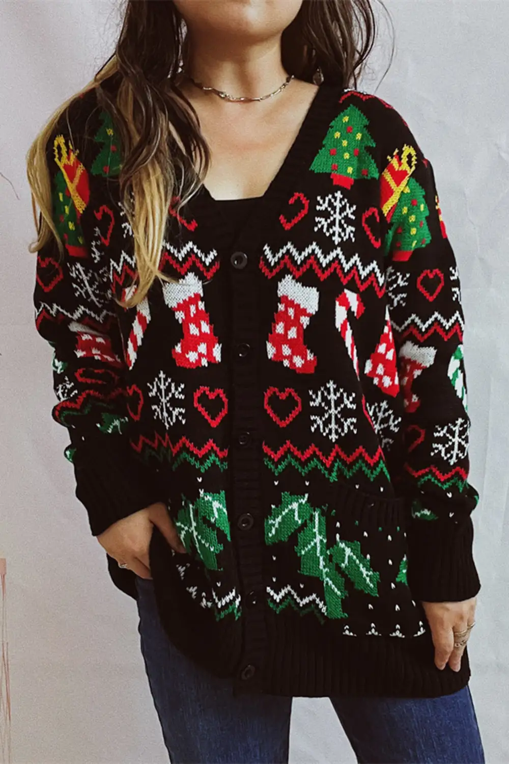 Black Heart Christmas Fashion Pattern Button Up Drop Shoulder Cardigan