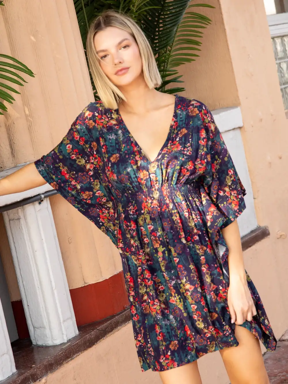 Sanibel Kaftan Mini Dress - Watercolor Indigo Floral