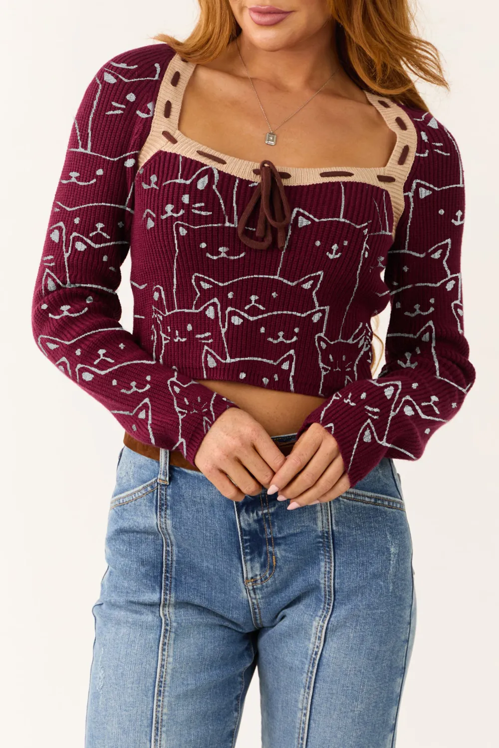 Wine Contrast Square Neck Cropped Sweater