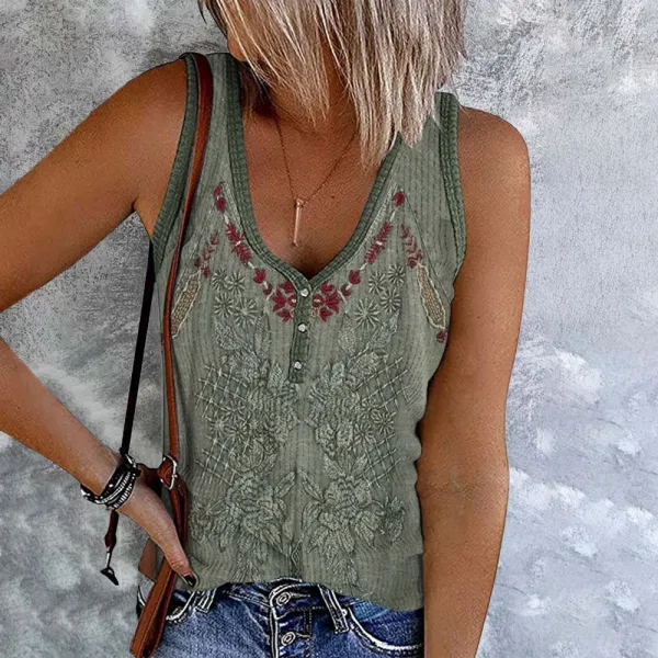 Western Tribal Pattern Print Button Casual Tank Top