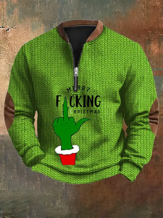 Men's Woolen Christmas Print Zip-Up Sweatshirt