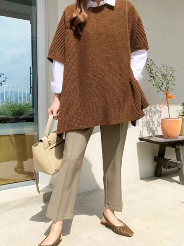 Casual Solid Color Round-Neck Half Sleeves Knitted Sweater Cape Top