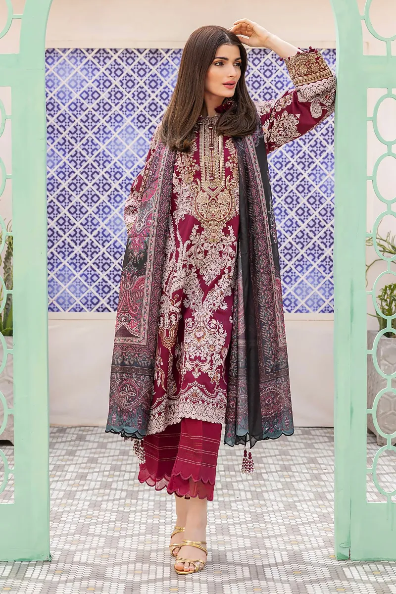 3 Piece Kurta Embroidered | Dupatta& Bottom & Tops | Color Claret