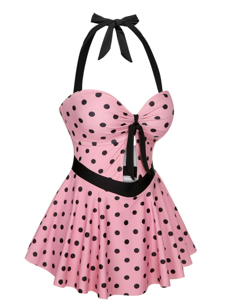 PINK 1950S HALTER POLKA DOTS ONE-PIECE SWIMSUIT