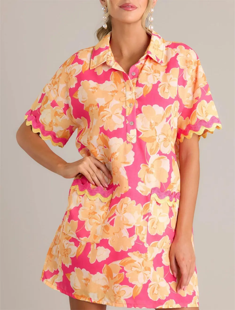 SEASIDE SERENITY PINK MULTI FLORAL MINI SHIRT DRESS