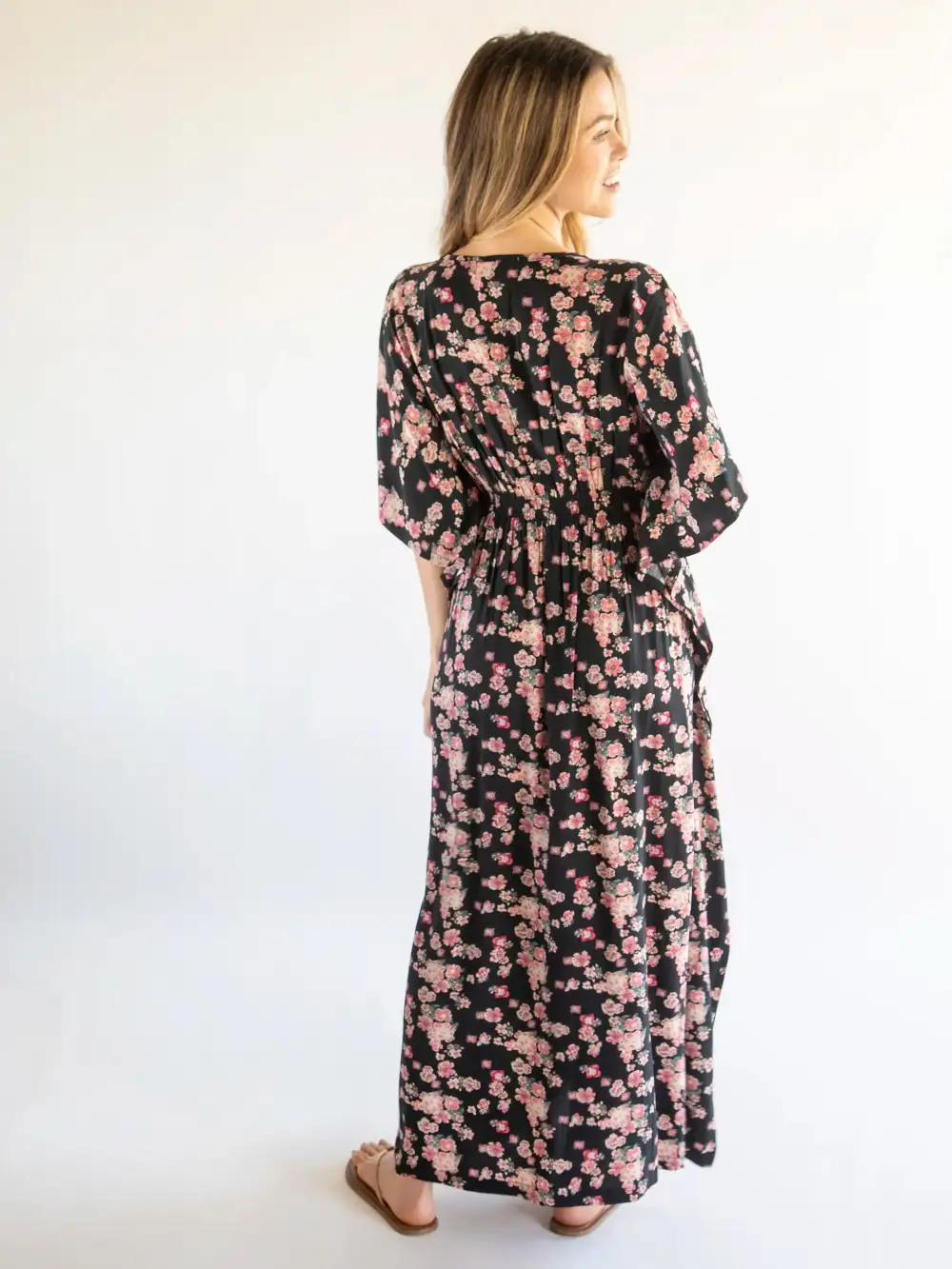 Sanibel Kaftan Maxi Dress - Black Light Pink Floral