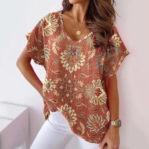 Casual Ethnic Floral V-Neck T-Shirt