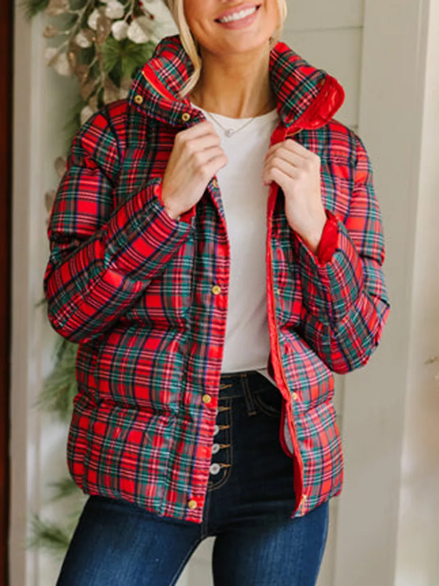 Red Tartan Plaid Puffer Jacket