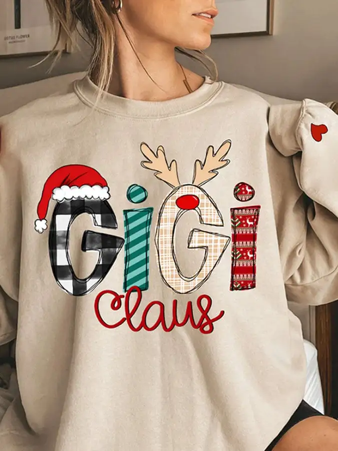 Women'S Casual Gigi Claus Printed Long Sleeve Sweatshirt