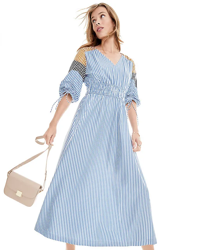 Striped Tie Puff Sleeve Midi Dress