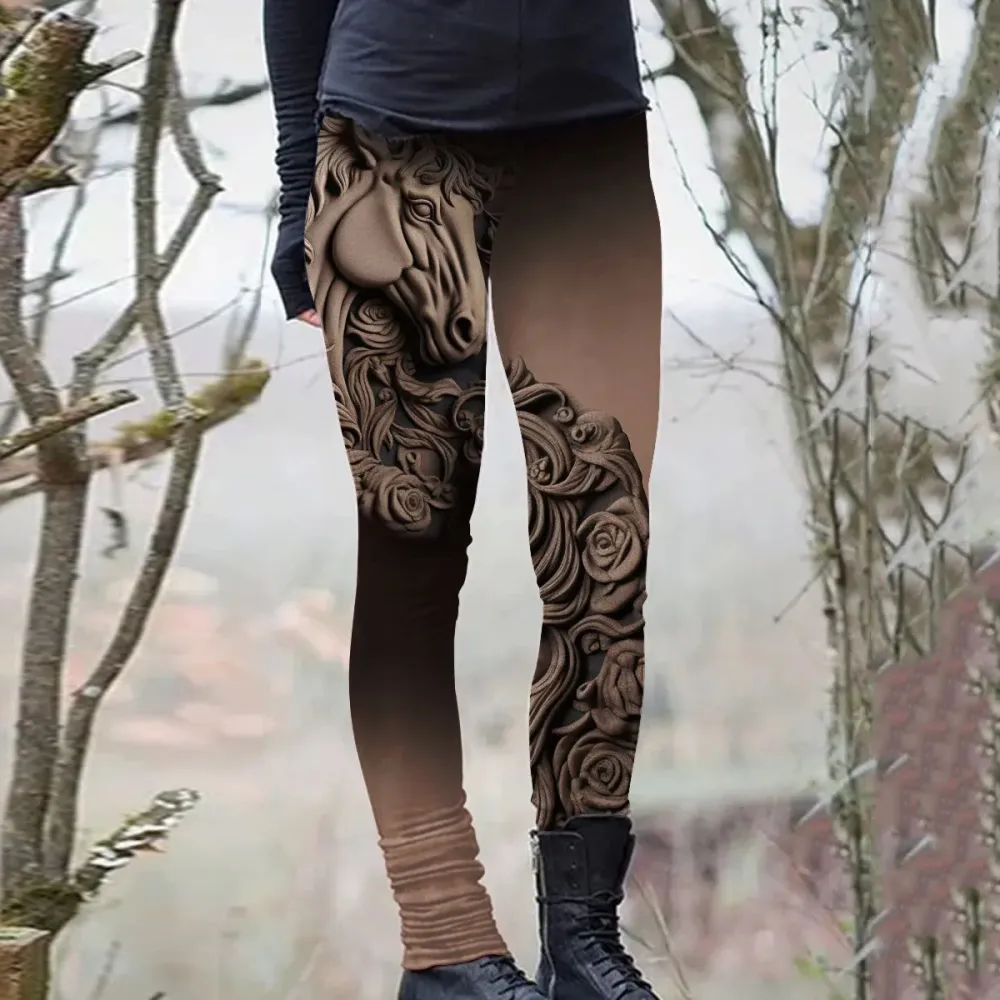 Vintage Western Horse Print Casual Leggings