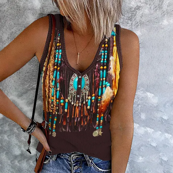 Western Tribal Tassels Button Up Tank Top