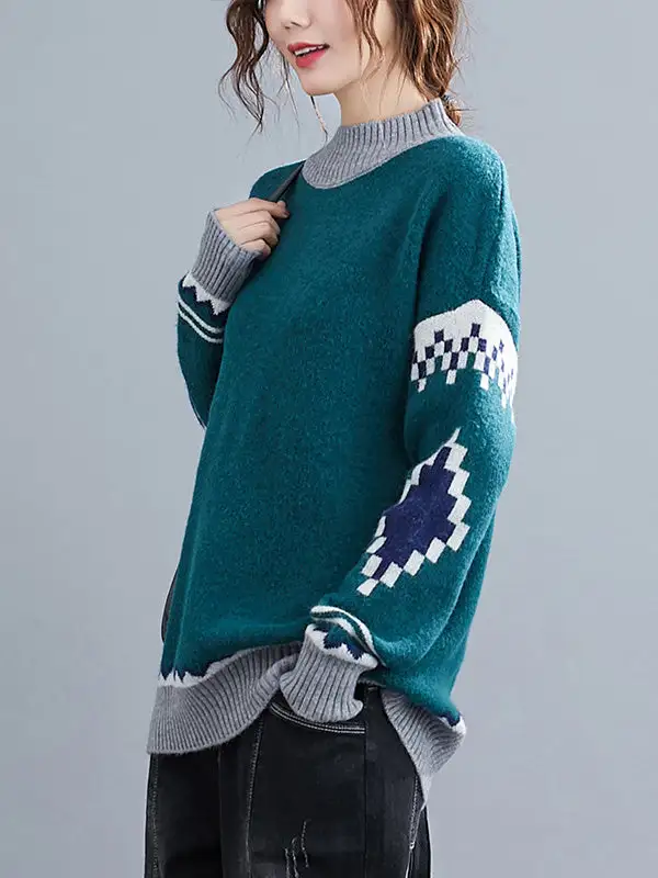 Artistic Retro Loose Color Matching High-Neck Long Sleeves Knitted Sweater Tops