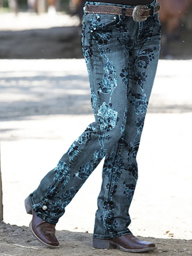 Western Floral Velvet Art Bootcut Jeans