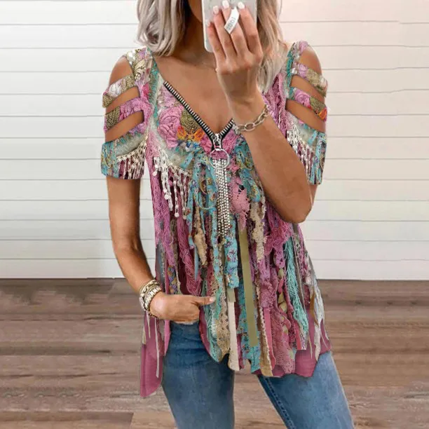 Western Tassel Print V-Neck Off-Shoulder Short Sleeved T-Shirt