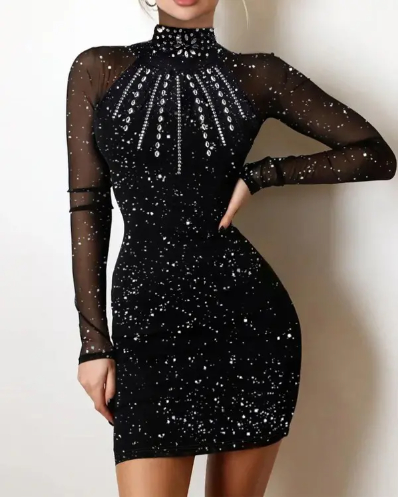 Glitter Rhinestone Sheer Mesh Patch Bodycon Dress