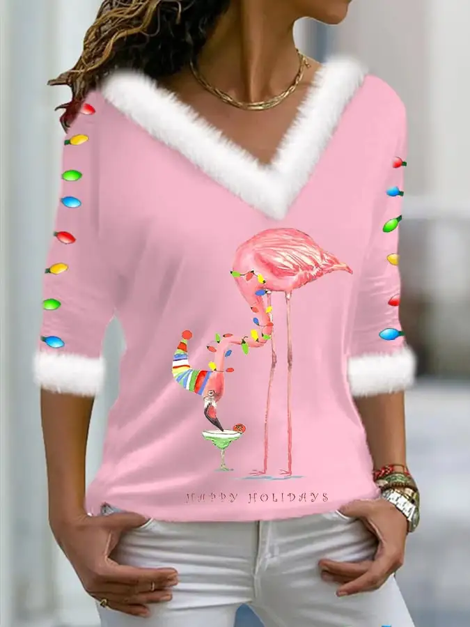 Women's Merry   Flamingo Happy Holiday Print V-Neck Fleece Top