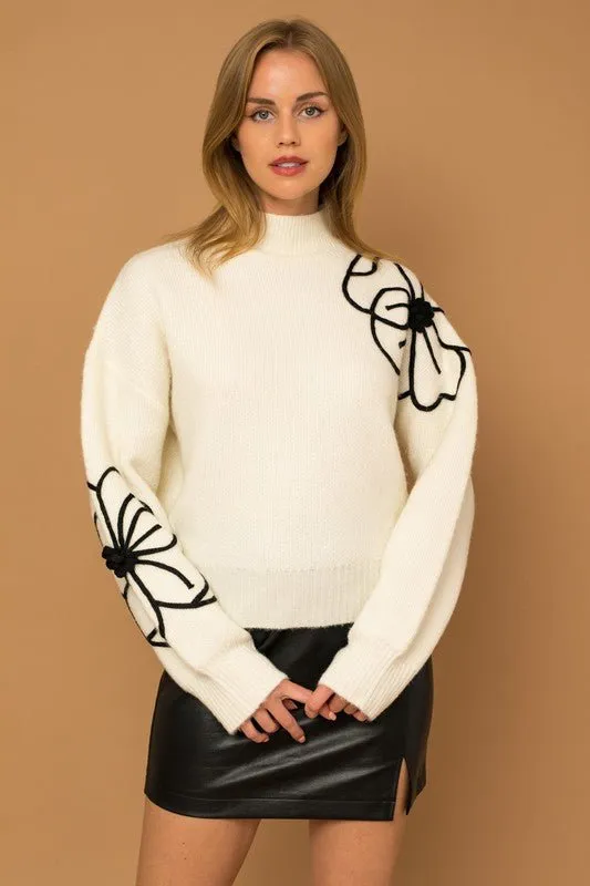 Flower Embroidered Mock Neck Sweater