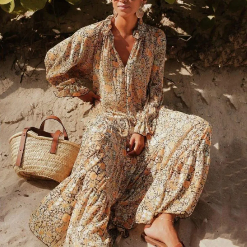 Floral Bohemian V Neck Long Sleeve Maxi Dress