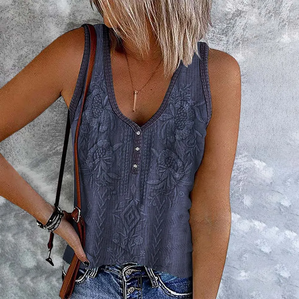 Western Tribal Print Button Casual Tank Top