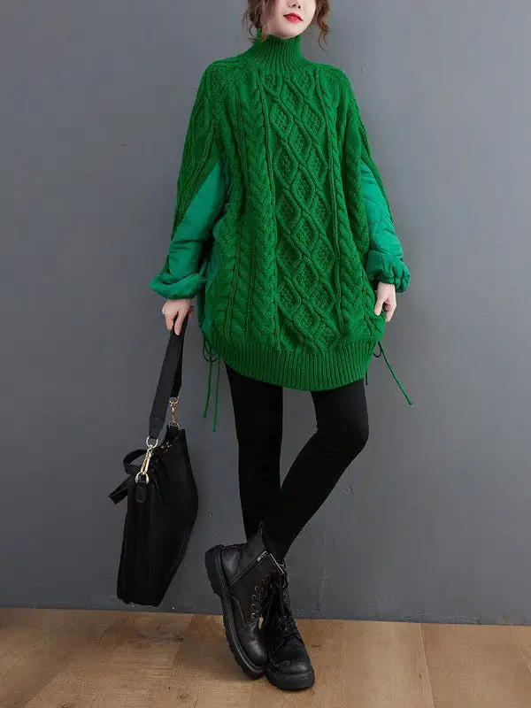 Original Loose Drawstring Split-Joint High-Neck Long Sleeves Padded Sweater Top