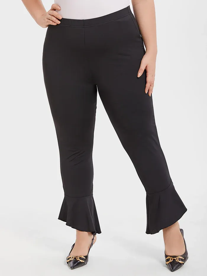 Solid Elastic Waist Flare Leg Pants