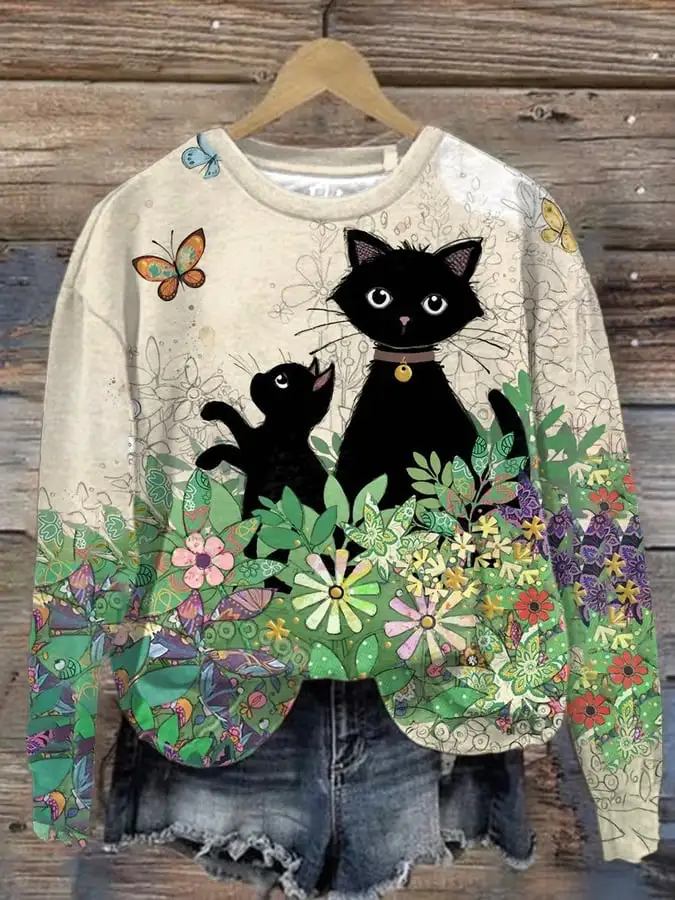 Women's Vintage Cat Casual Printed Sweatshirt