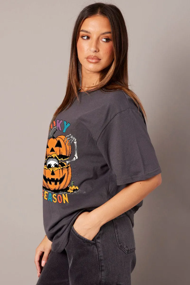 Women's Pumpkin Art Letter Combination Printed T-shirt