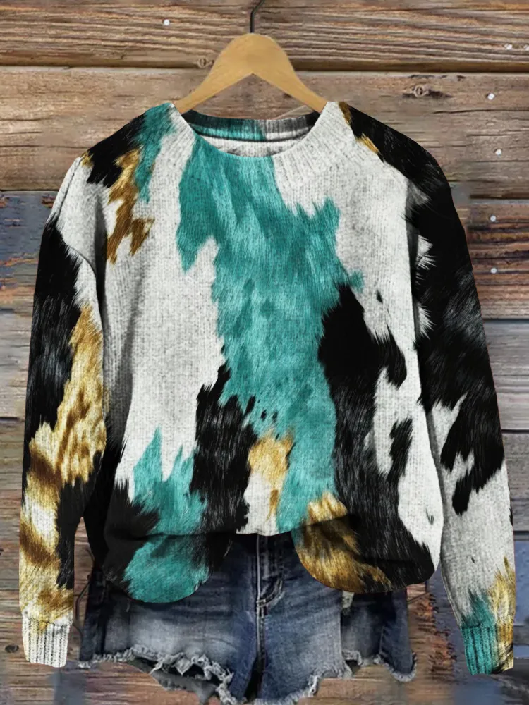 Gold and Turqoise Cow Hide Graphic Comfy Sweater