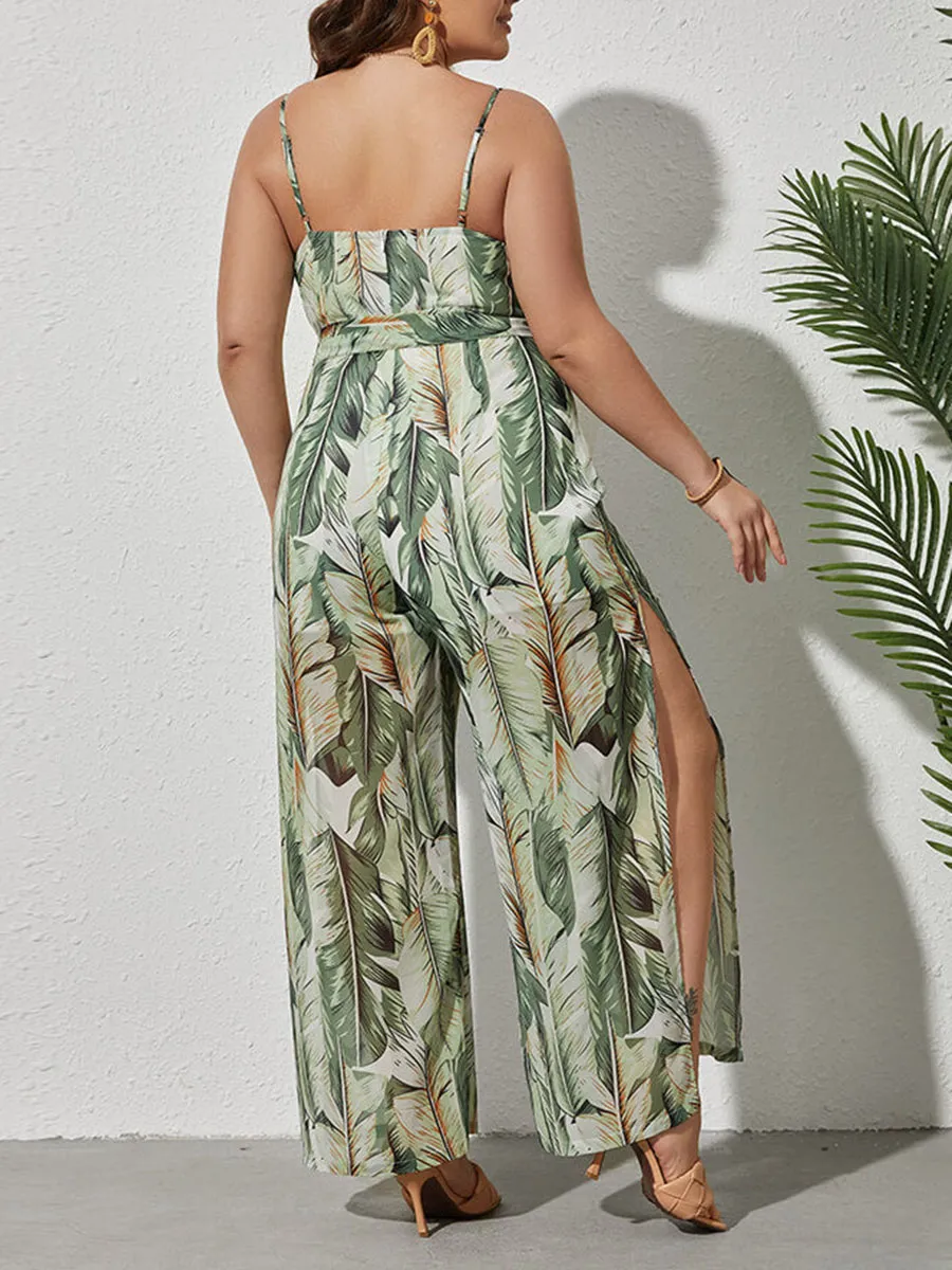 Plus Green Tropical Print Tie Front Jumpsuit