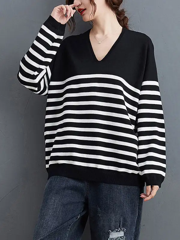 Artistic Retro Casual Loose Striped V-Neck Long Sleeves Knitted Sweater