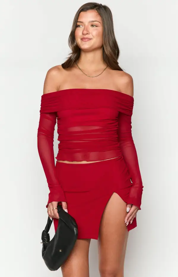 Sky Red Mesh Off Shoulder Top