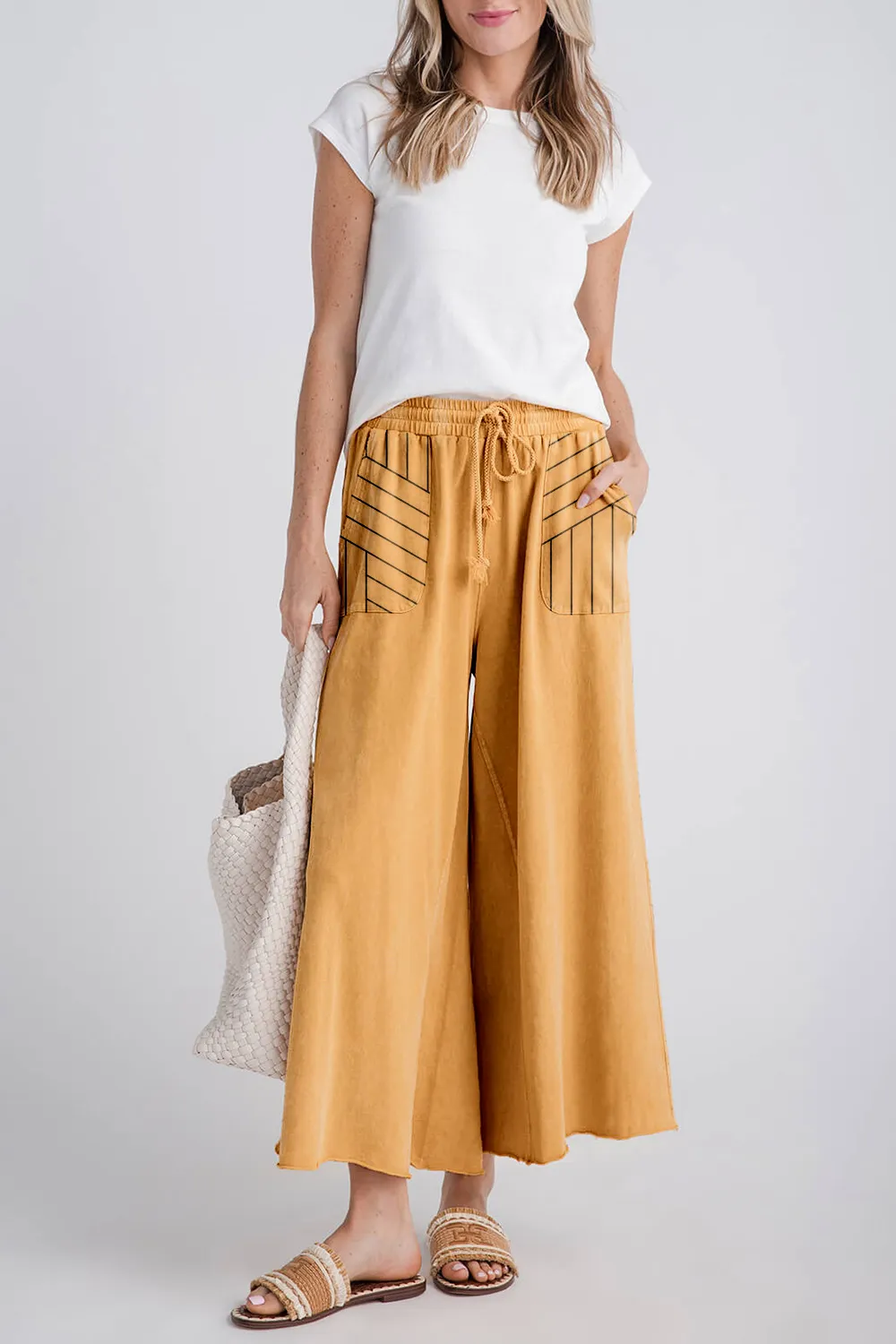 Easel Wide Leg Knit Pants - mustard