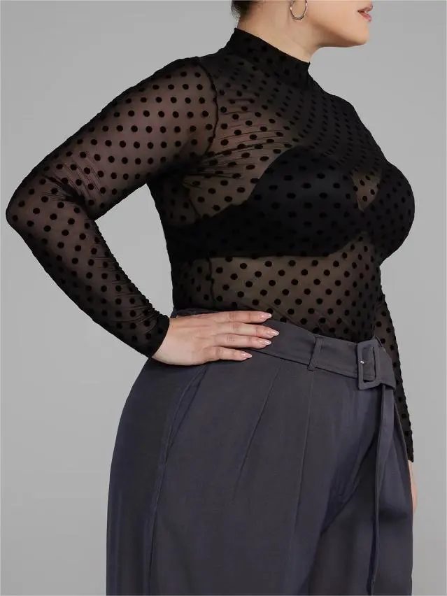 Mockneck Polka Dot Mesh Top