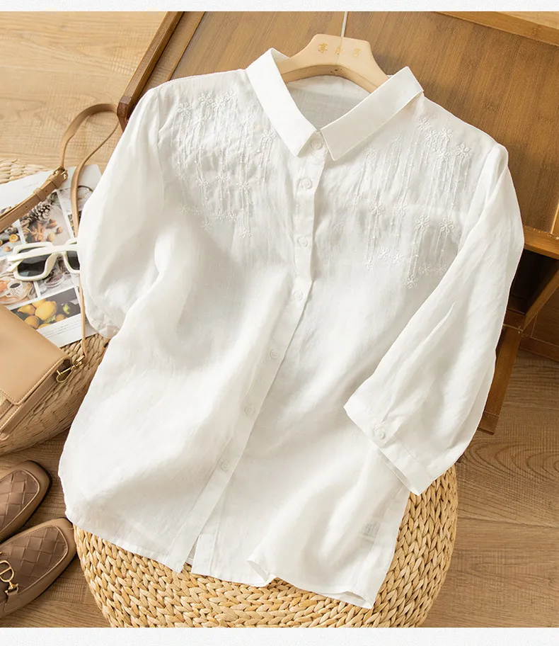 Embroidered Lapel Art Retro Casual Shirt