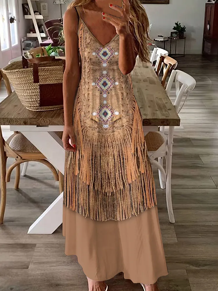 Western Ethnic Tassel Print V-Neck Suspender Maxi Dress