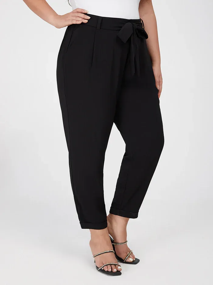 Plus Black Solid Tie Elastic Waist Pants