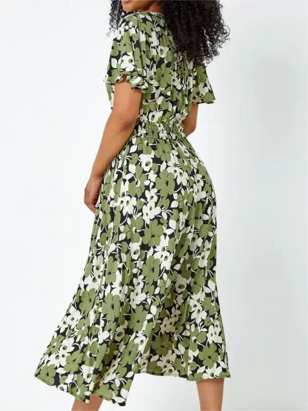 Green Petite Floral Print Shirred Midi Dress