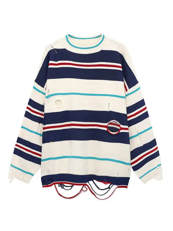 Original Stylish Loose Striped Hole Round-Neck Long Sleeves Knitted Sweater Tops