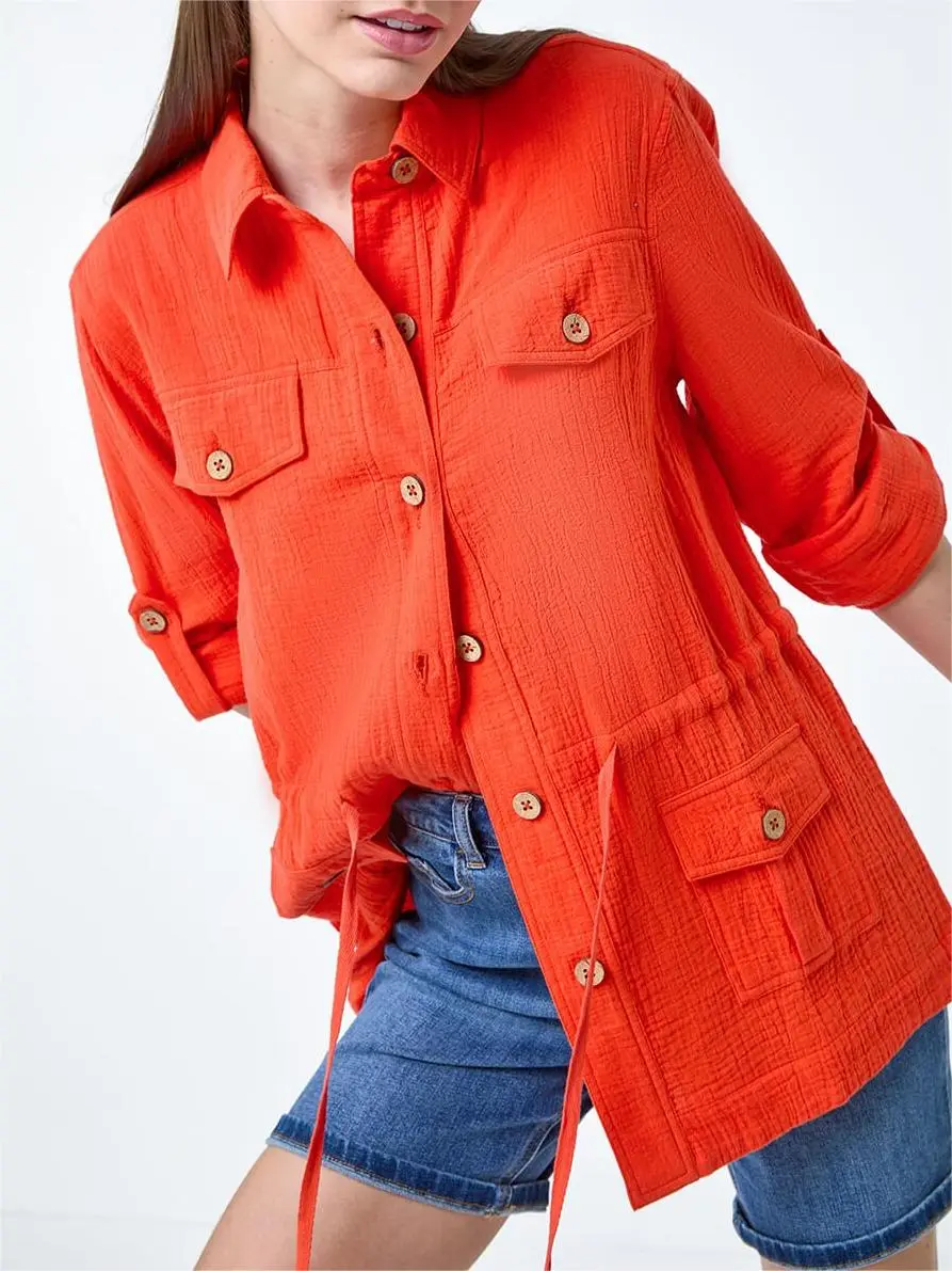 Dark Orange 3/4 Sleeve Textured Tie Waist Shirt Jacket