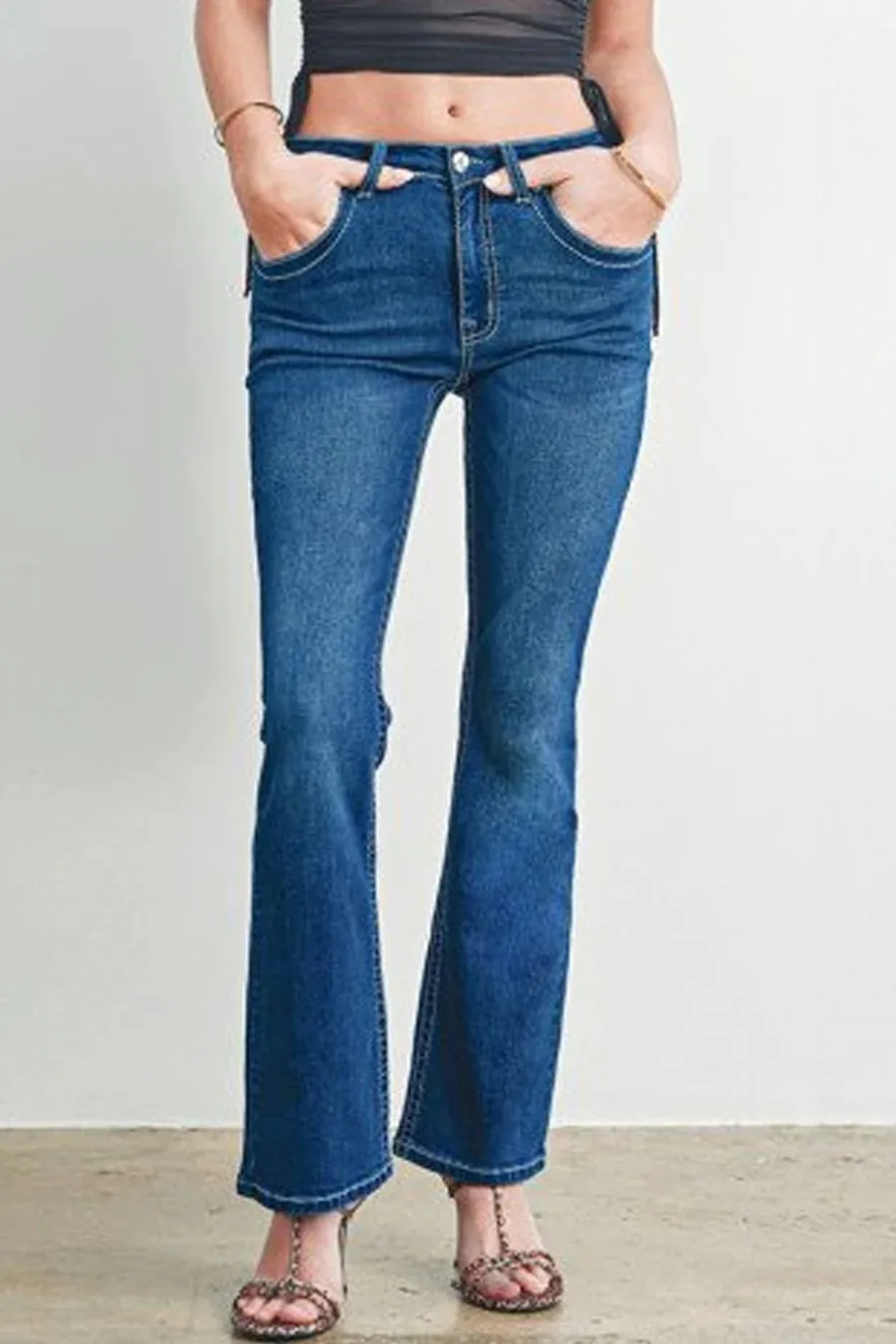 WAXJEAN Y2K Rhinestone & Embroidered Patch Pocket Bootcut Jean With Great Stretch