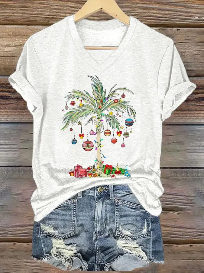 Women's Christmas Palm Tree Print T-Shirt