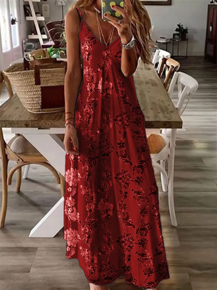 Classy Floral Velvet Art Maxi Cami Dress