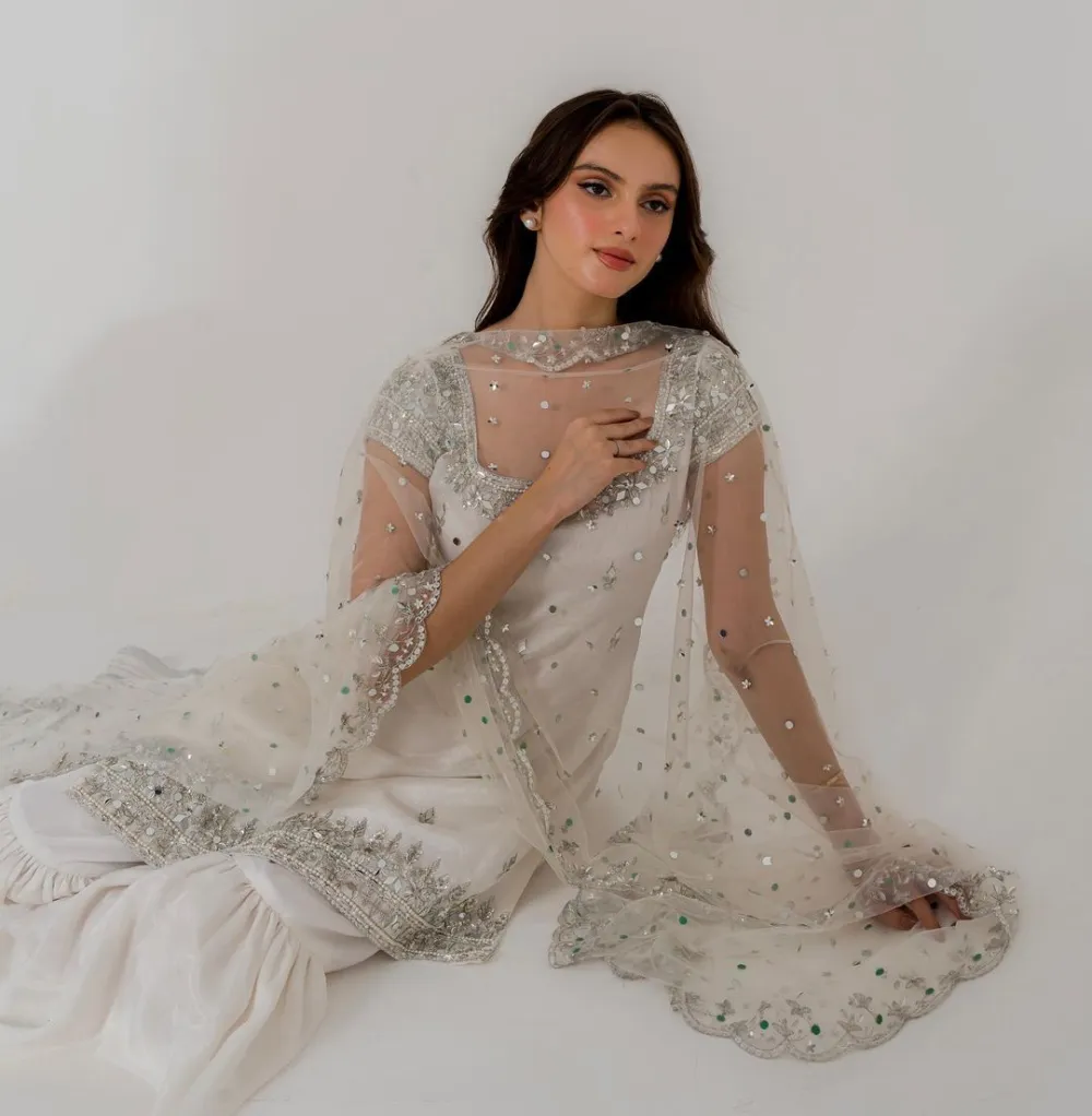 White Gharara outfit with hand embroidery