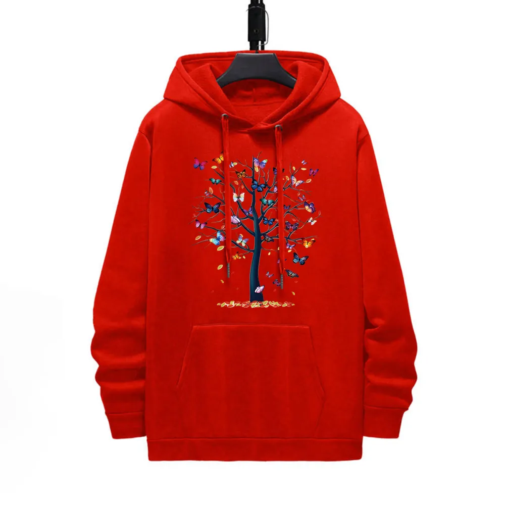 TREE AND BUTTERFLY PATTERN PRINTED HOODIE