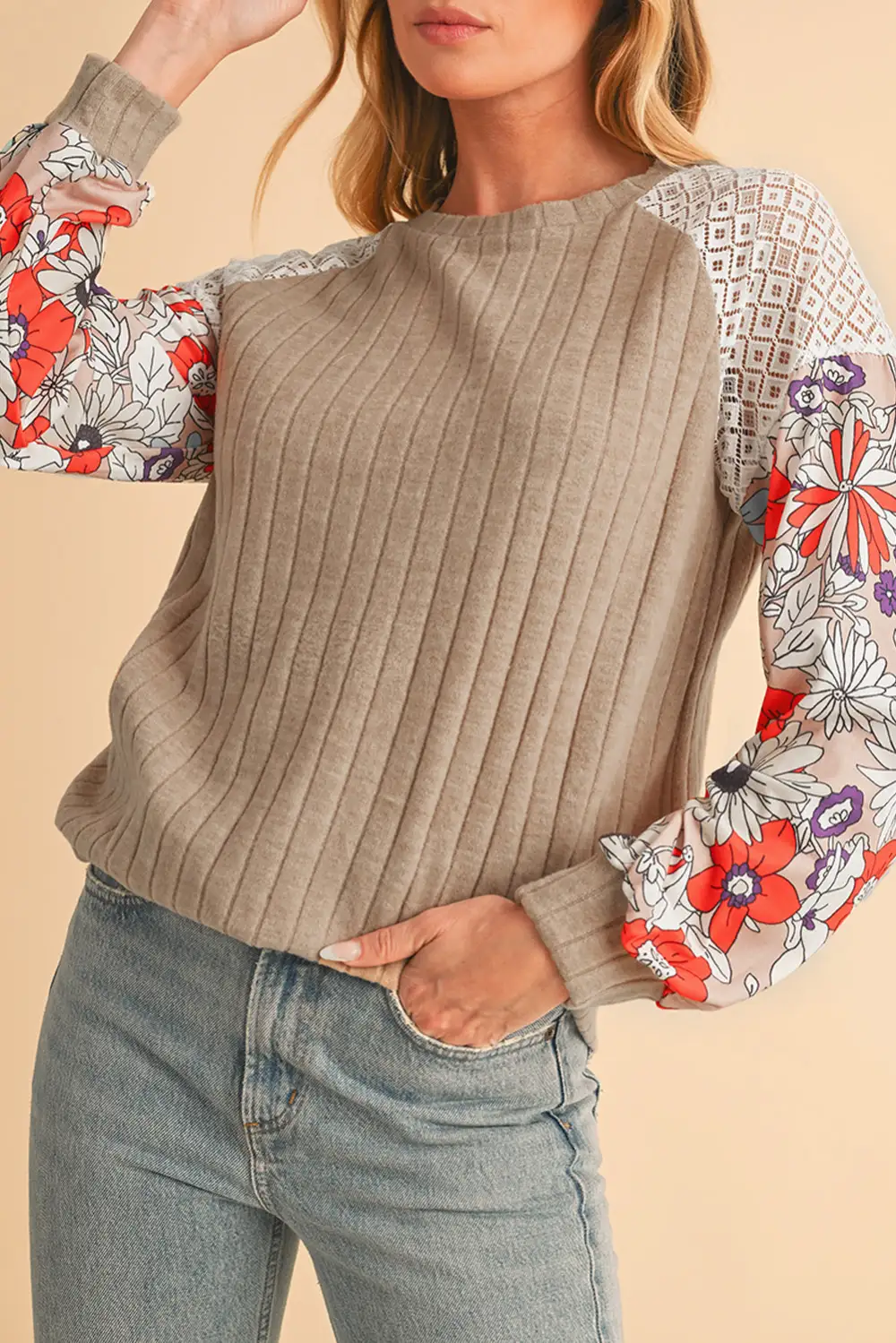 Black Floral Patchwork Raglan Sleeve Ribbed Top